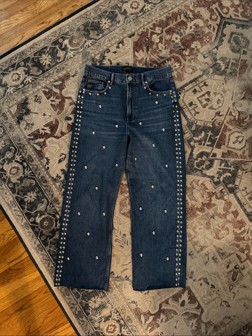 ALL SAINTS Dark Blue Studded Straight-Leg Jeans